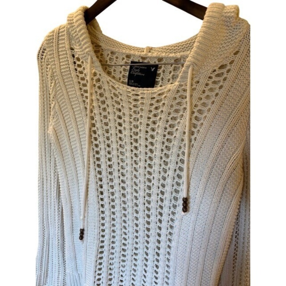 American Eagle Cream Crochet Knit Hoodie Sweater Cotton Boho Beach Women's L - Picture 4 of 8